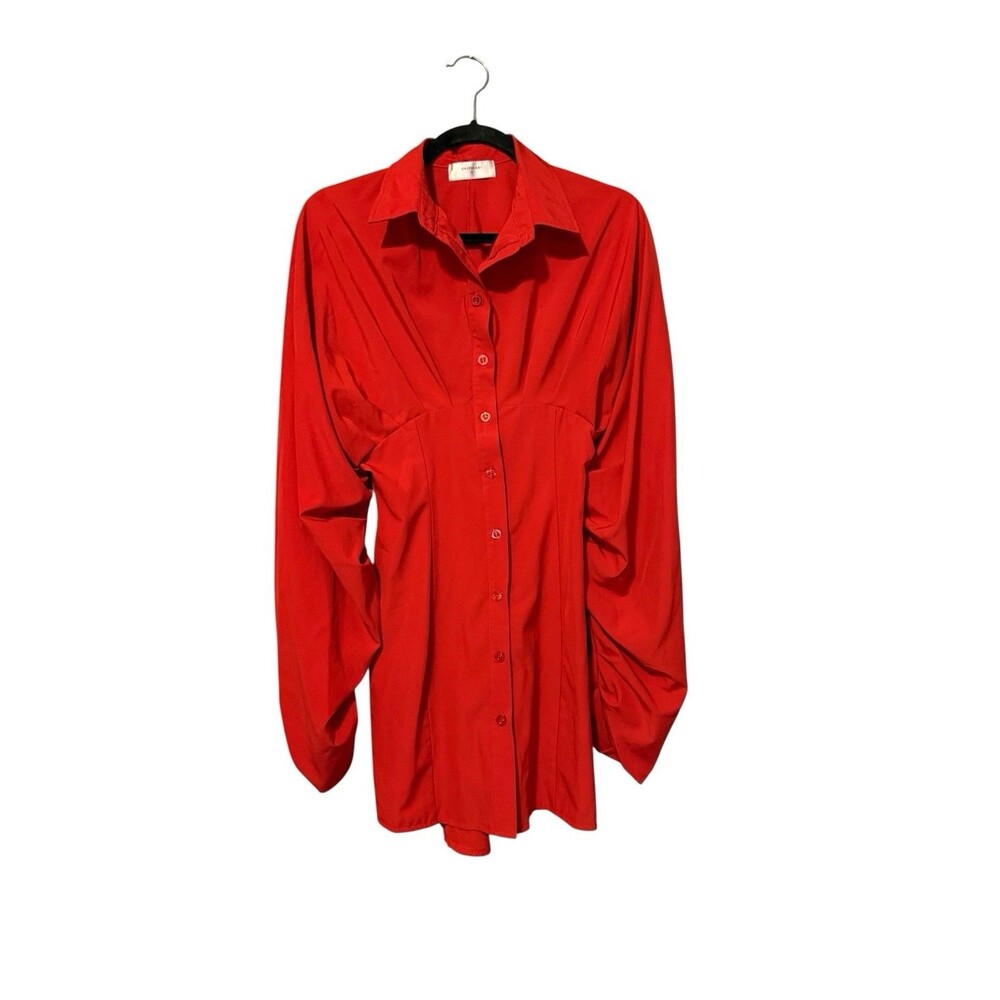 Halfheart Mini Shirt Dress Size S Red Ruched Sleeves